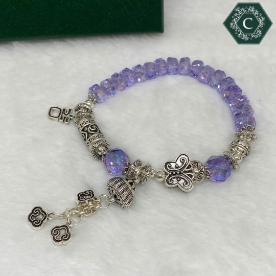 Vòng Tay Pha Lê Tím Mix Charm Bướm Bạc - MS1301