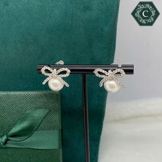 Bông Tai Bạc Nơ Đính Đá - Ngọc Trai MS335